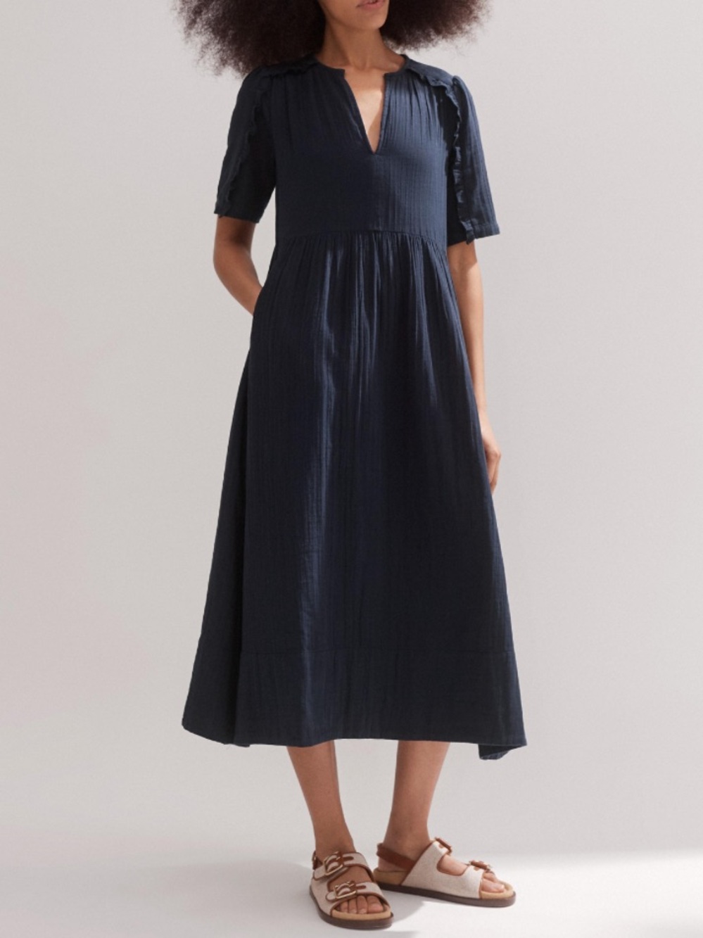 ME+EM  Black Cheesecloth Relaxed Ruffle Midi Dress US Size 12